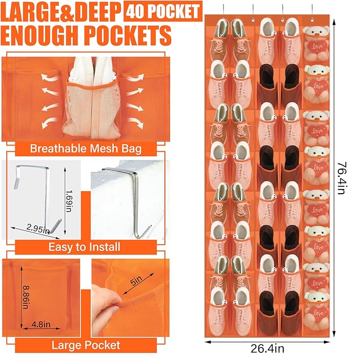 Windyun 40 Over the Door Shoe Organizer Large Mesh Pocket Hanging Shoe Rack - Image 2