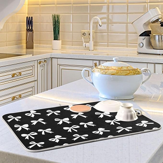 Black Bow Dish Drying Mat for Kitchen Countertop 16x18 Bowknot Coquette - Image 6