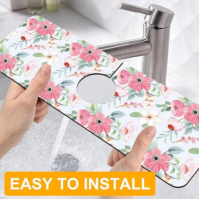 2 Pack Watercolor Floral Sink Faucet Absorbing Mat White Pink Flowers Super - Image 4