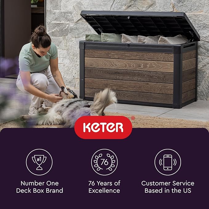 Keter Walnut 100 Gallon Resin Deck Box-Organization and Storage for Patio Furniture Outdoor Cushions, Throw Pillows, Garden Tools and Pool Toys - Image 11