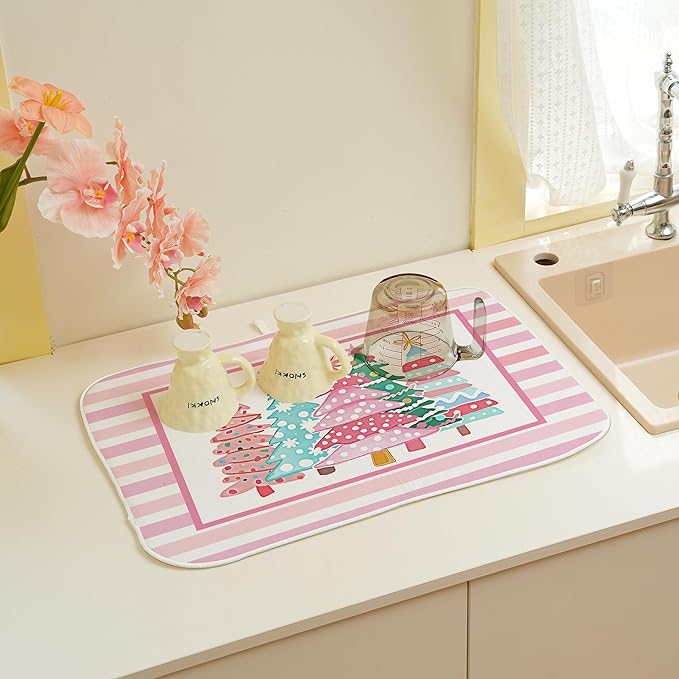 Christmas Dish Drying Mats 18x24 Inch Stripes Watercolor Pink Christmas Trees - Image 5