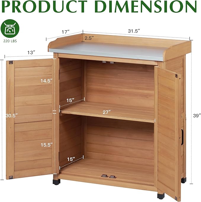 Outdoor Storage Cabinet & Potting Bench Table with Metal Top, Wooden Patio Furniture, Garden Workstation (Light Brwon, 39x31.5x17in) - Image 5