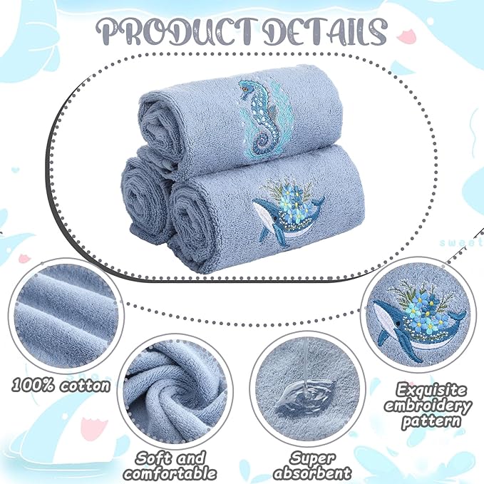 3 Pack Ocean Hand Towels for Bathroom 100% Cotton Embroidered Seahorse - Image 4