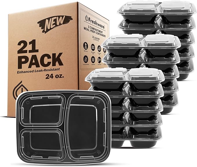 Freshware Meal Prep Containers 21 Count, 3 Compartment by Freshware