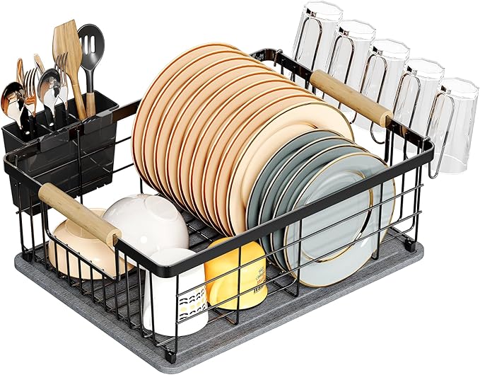 Dish Drying Rack Black with Diatomaceous Earth 1 Tier, Large Capacity Space by IBEDMAZIE