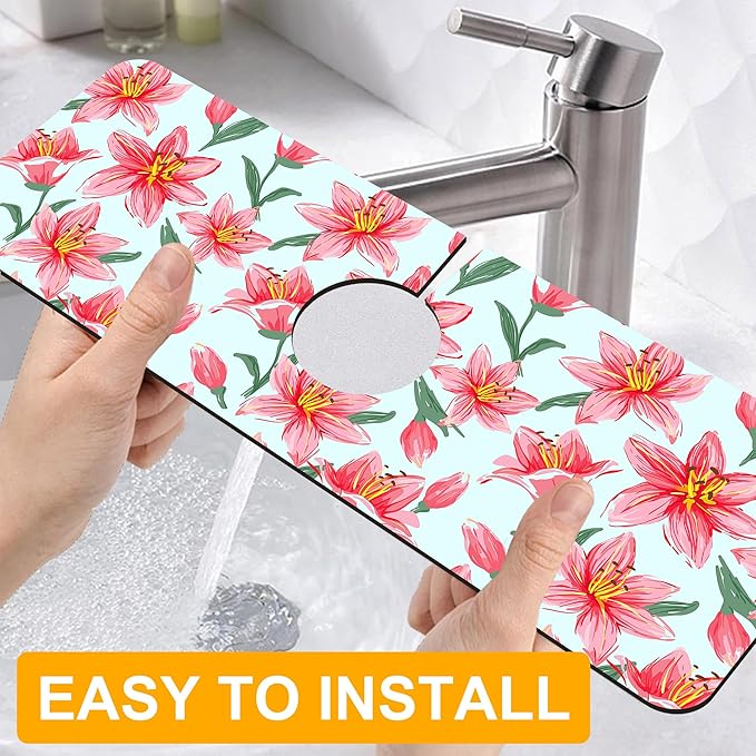 2 Pack Vintage Flowers Leaves Sink Faucet Absorbing Mat Colorful Llilies Super - Image 4