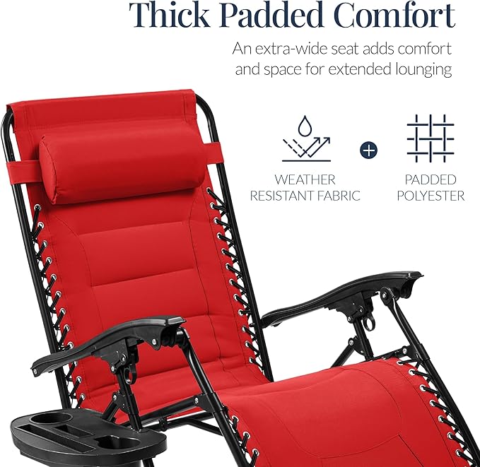 Best Choice Products Oversized Padded Zero Gravity Chair, Folding Outdoor Patio Recliner, XL Anti Gravity Lounger for Backyard w/Headrest, Cup Holder, Side Tray, Polyester Mesh - Crimson Red - Image 4