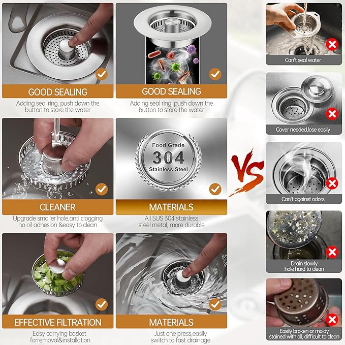 YYKBZ 3 in 1 Kitchen Sink Drain Strainer， Stainless Steel Pop Up Sink Stopper， - Image 6