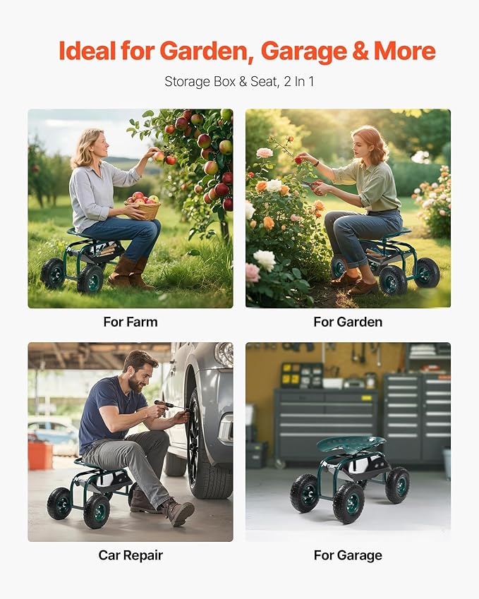 VEVOR Rolling Garden Cart with Swivel Seat, Heavy Duty Garden Seat with Storage Basket & Tool Tray, 300 lbs Weight Capacity, Outdoor Utility Gardening Stool Scooter for Lawn Yard Planting Weeding - Image 6