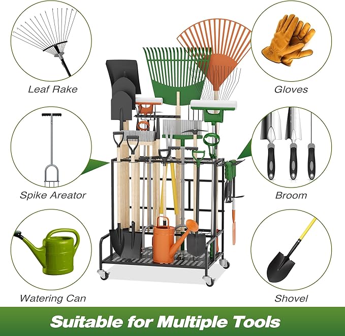 Garden Tool Organizer Rack with Wheels Up to 39 Tools, Heavy-Duty Steel Yard Tool Organizer for Garage Storage with 12 Hooks, Broom Holder & Garden Tool Rack for Shed, Patio, Outdoor Use, Black - Image 4