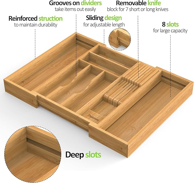 Bamboo Kitchen Drawer Organizer, Expandable Silverware Organizer - Image 8