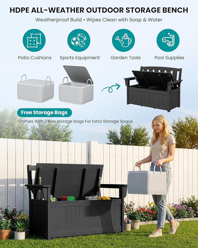 SERWALL HDPE Outdoor Storage Bench, All-Weather, UV-Resistant Deck Box with Waterproof Storage Bags, 57 Gallon Dual-Use Seat & Organizer Deck Boxes for Patio, Garden Tools & Pool (Matte Black) - Image 8