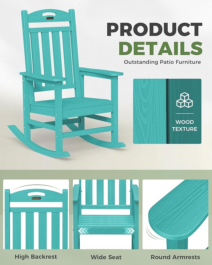 Oversized Rocking Chairs Outdoor Set of 4, High Back Porch Rocking Chair, HDPE All Weather Resistant Patio Chairs, 380lbs Weight Capacity, Lake Blue - Image 6