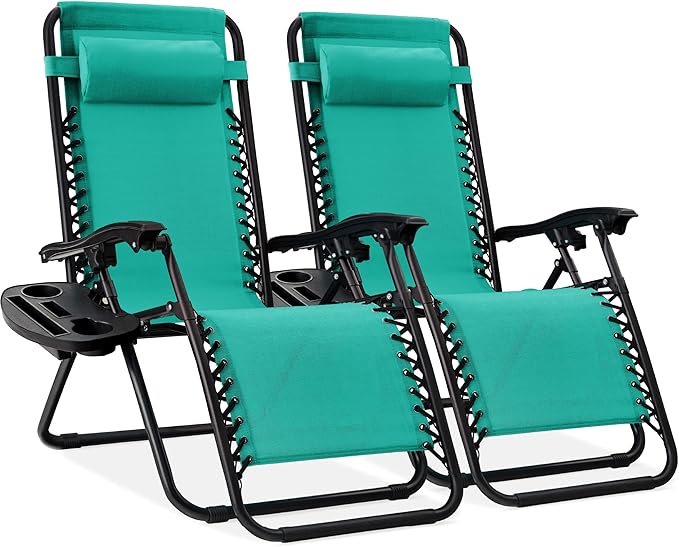 Best Choice Products Set of 2 Adjustable Steel Mesh Zero Gravity Lounge Chair Recliners w/Pillows and Cup Holder Trays - Mint by BestChoiceProducts