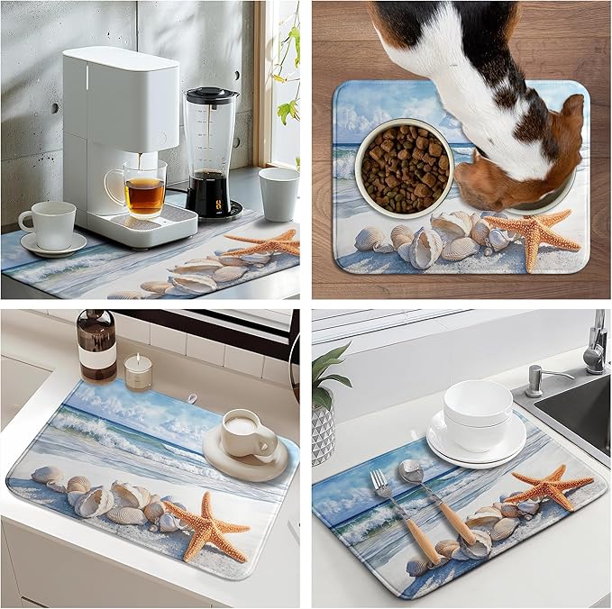 Summer Beach Dish Drying Mat for Kitchen Counter Starfish Coastal Shells - Image 7