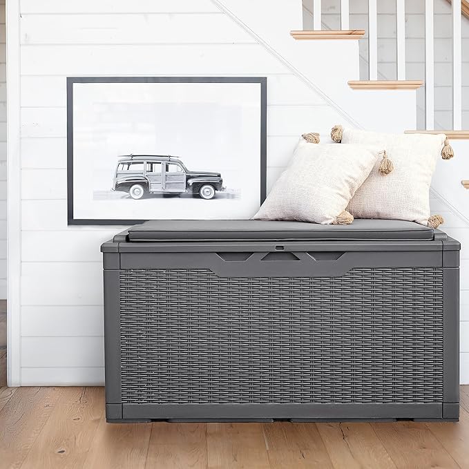 Flamaker Deck Box with Cushion 100 Gallon Waterproof Resin Storage Box with Air Rod Indoor Outdoor Lockable Storage Bench for Patio Furniture, Tools, Pool Accessories (Gray) - Image 7