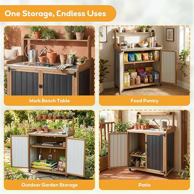 Potting Bench Table & Outdoor Storage Cabinet with Lockable Wheels, Adjustable Shelves, Mobile Waterproof Metal Top Workstation for Garden Patio BBQ Organization, Magnetic Latch & Edge Guard - Image 5