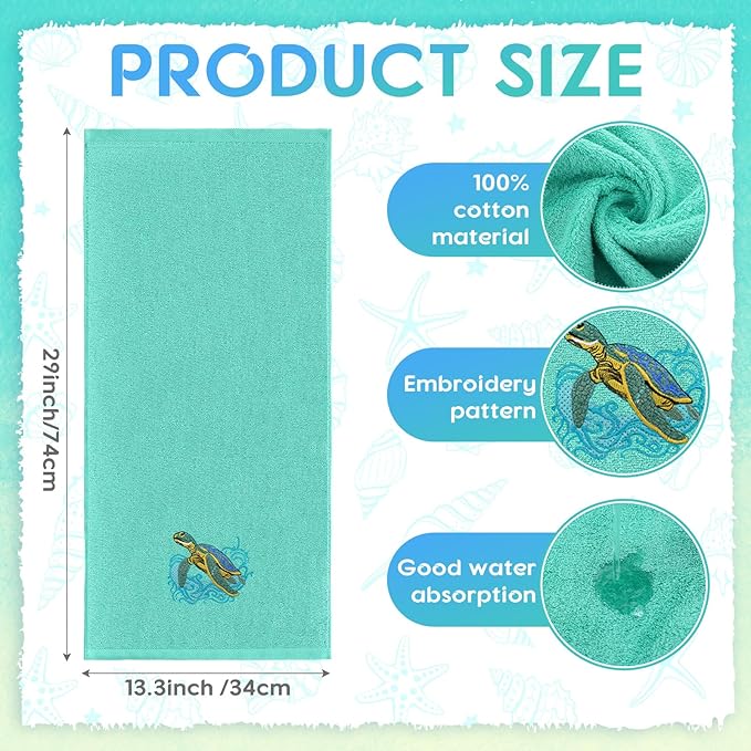 2 Pcs Sea Turtle Hand Towels Teal Bathroom Decor 14x29 Inch Embroidered 100% - Image 3