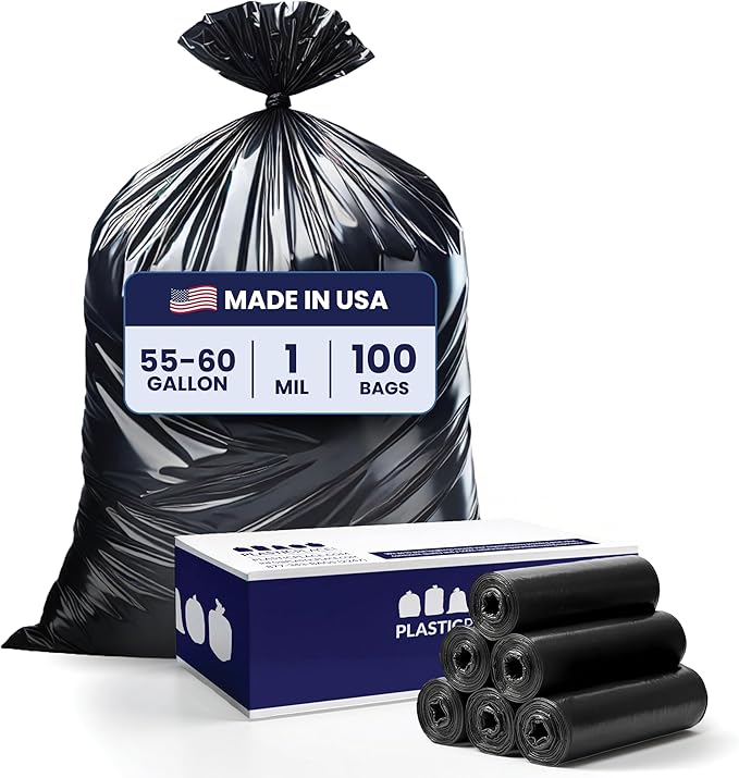 Plasticplace 55-60 Gallon Trash Bags │ 1.0 Mil │ Black Heavy Duty Garbage Can by Plasticplace