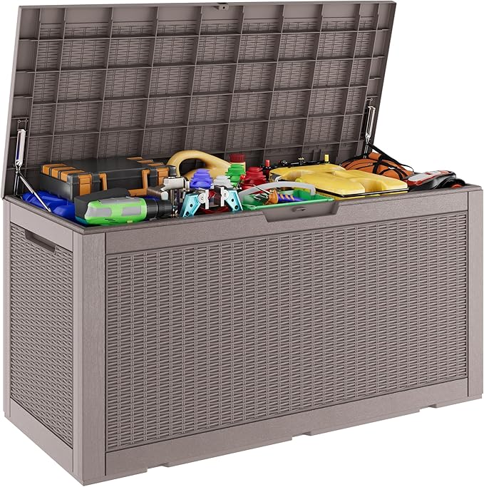 Outdoor Storage Box, Resin Deck Boxes Indoor and outdoor, Waterproof Storage Box Lockable Lid (Grey, 101 Gallon) by NBYSGO