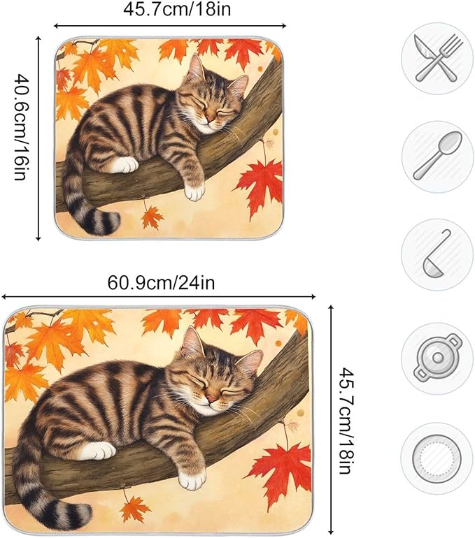 Fall Cats Dish Drying Mat for Kitchen Countertop 18x24 Autumn Maple Leaves - Image 3