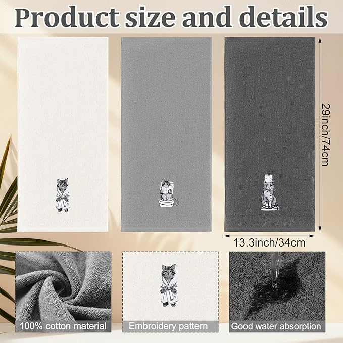 3 Pcs Cat Bathroom Hand Towels Set Cute Black Cat Embroidered Decorative Funny - Image 2