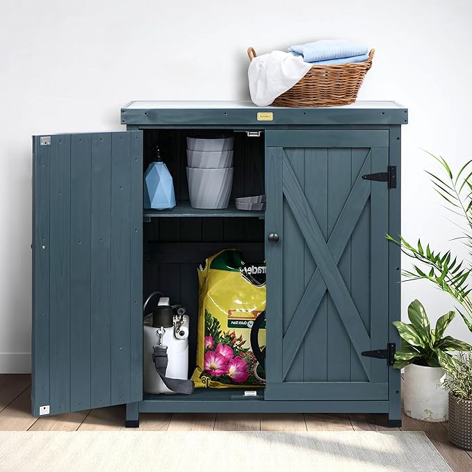 HABAU Outdoor Storage Cabinets Weatherproof for Patio, Garden Work Bench with Shelves & Metal Tabletop, Wooden Potting Table Workstation - Image 6