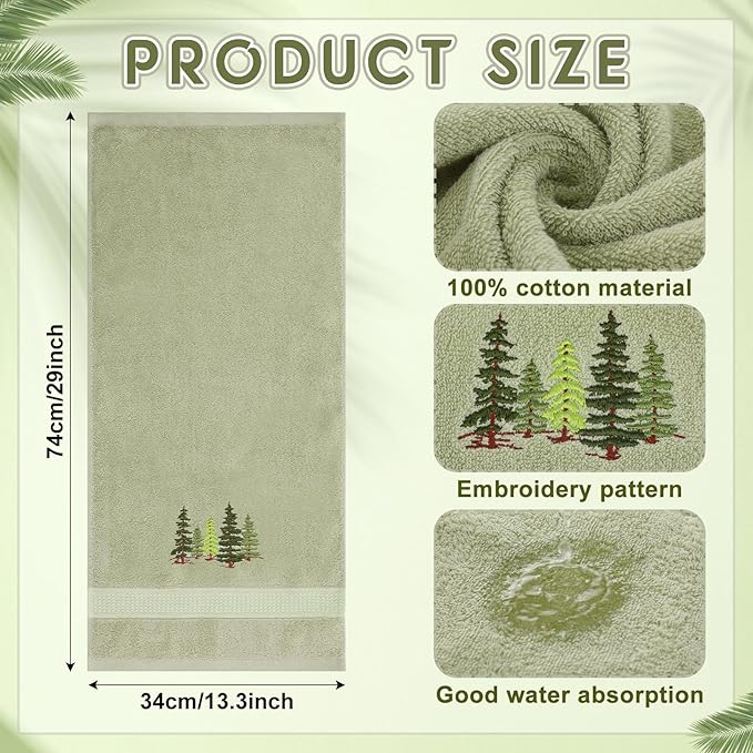 2 Pcs Forest Hand Towels Gray Green Bathroom Decor 14x29 Inch Embroidered 100% - Image 3