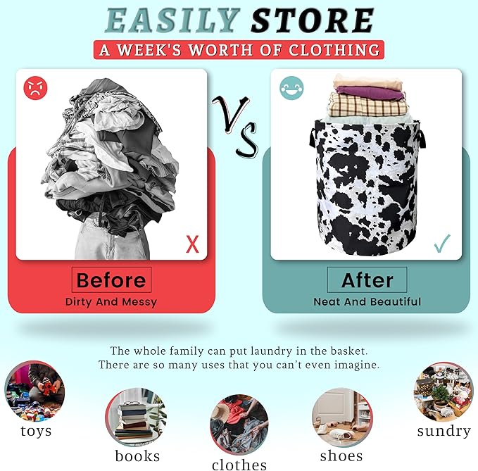 Retro Black White Cows Print Laundry Basket Foldable - Image 3