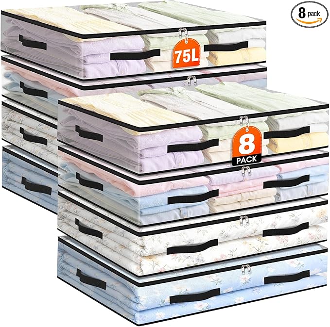 8 Pack Under Bed Storage Bags, 75L Foldable Clear Storage Containers by Unknown