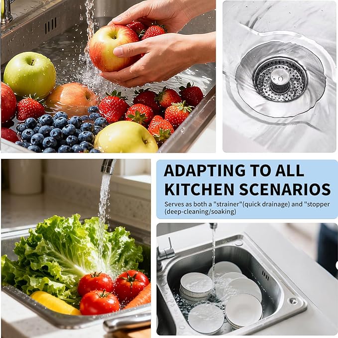 3-in-1 Kitchen Sink Drain Strainer & Sink Stopper 2 Pack : 304 Stainless Steel - Image 8