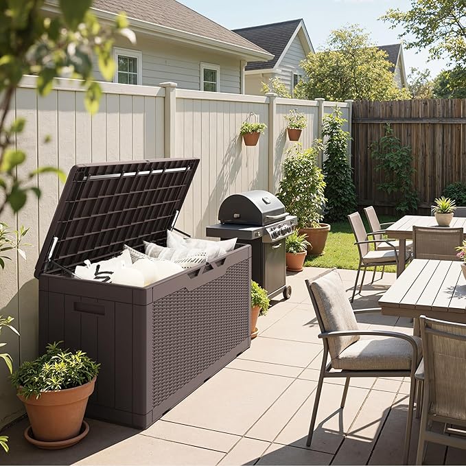 Greesum 100 Gallon Resin Deck Box Large Outdoor Storage Boxes with Cushions for Garden Tools, Patio Furniture Pillows, Pool Supplies, Dark Brown - Image 2
