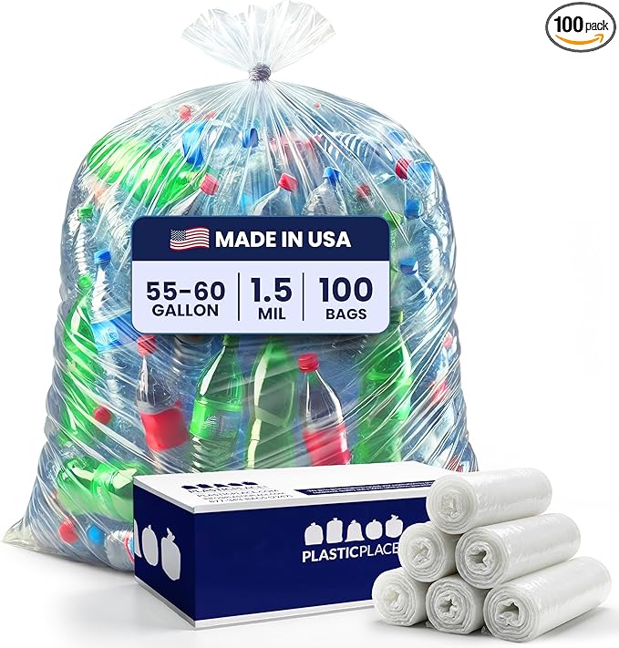 Plasticplace 55-60 gallon Trash Bags │ 1.5 Mil │ Clear Heavy Duty Garbage Can by Plasticplace