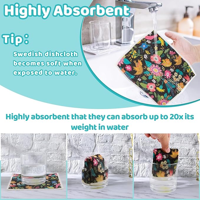 6 Pack Swedish Dishcloths for Kitchen, Swedish Rags Absorbent Retro Bird Dish - Image 4