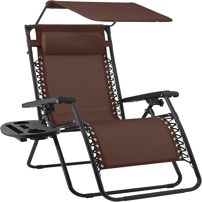 Best Choice Products 30” Wide Folding Zero Gravity Outdoor Recliner Patio Lounge Chair w/Adjustable Canopy Shade, Headrest, Side Accessory Tray - Brown by BestChoiceProducts