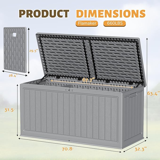 Flamaker Resin Deck Box 270 Gallon, Waterproof Imitation-Wood Lockable Storage Box with Separator Plate Outdoor Indoor, Garden, Patio Furniture for Tools&Pool Accessories (Gray) - Image 6