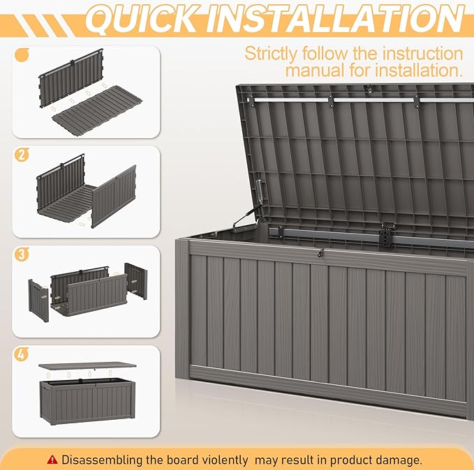 Outdoor Storage Box, Resin Deck Boxes Indoor and outdoor, Waterproof Storage Box Lockable Lid (Grey, 120 Gallon) - Image 6