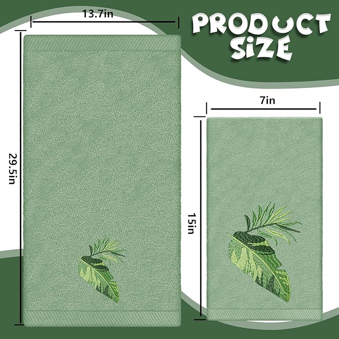 3Pcs Sage Green Gradient Hand Towels Tropical Palm Leaves Embroidered Cotton - Image 2
