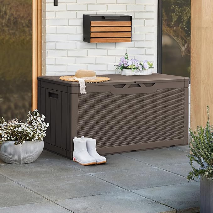 Greesum 100 Gallon Resin Patio Storage Box for Garden Tools, Outdoor Furniture Cushions, Pool Supplies, Dark Brown - Image 4
