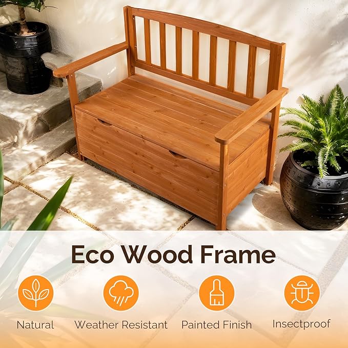 VINGLI Outdoor Storage Bench, Large Wood Deck Box with Seating, Weatherproof Outdoor Bench with Storage Loveseat, 2-Person Wooden Patio Bench for Entryway, Backyard, Garden - Image 5