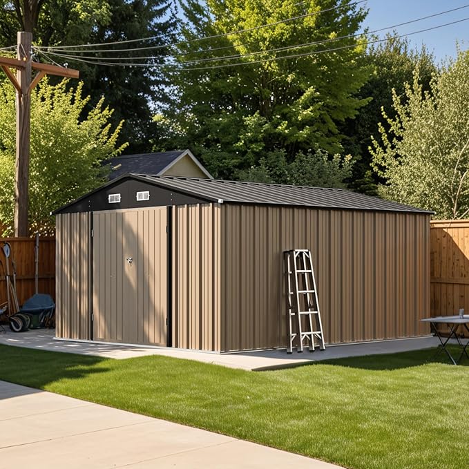 Patiowell 10 x 12 FT Metal Storage Shed for Outdoor, Steel Yard Shed with Design of Lockable Doors, Utility and Tool Storage for Garden, Backyard, Patio, Outside use,Brown - Image 2
