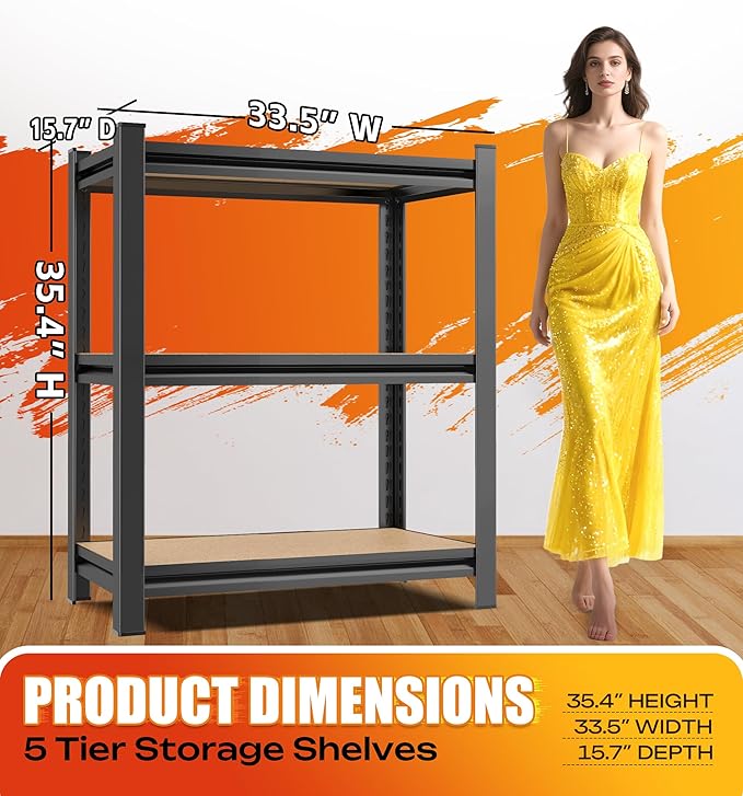 AOAORRG Set of 5 Garage Shelving Heavy Duty Storage Shelves, Metal Adjustable Shelving Unit, Utility Garage Organizer Shelf for Basement, Pantry, Kitchen, Warehouse, 15.7" Dx33.5 Wx35.4 H, Black - Image 3