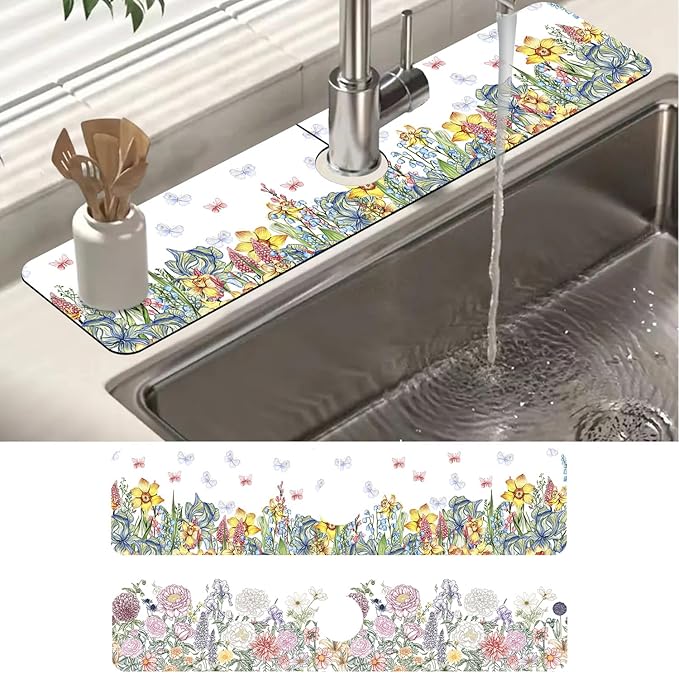 2 Pack Butterfly Floral Sink Splash Guard Faucet Mat Rose Lily Tulip Peony by Unknown