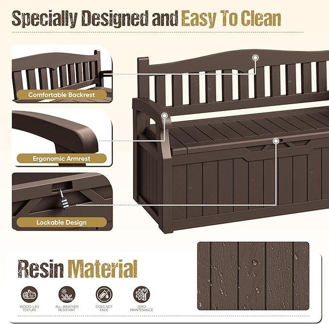 80-Gallon Outdoor Storage Bench, Waterproof Deck Box with Lockable Lid & Armrests for Patio, Garden, Pool, Brown - Image 6