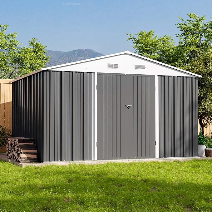 Patiowell 10 x 8 FT Outdoor Storage Shed with Floor Frame, Large Garden Tool Metal Shed with Sloping Roof and Double Lockable Door for Backyard Garden Patio Lawn,Grey - Image 2