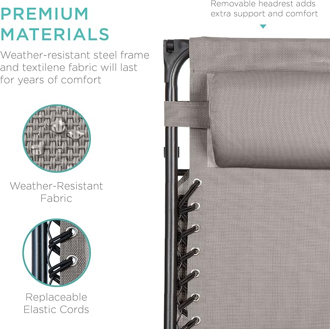 Best Choice Products Folding Zero Gravity Outdoor Recliner Patio Lounge Chair w/Adjustable Canopy Shade, Headrest, Side Accessory Tray, Textilene Mesh - Ice Gray - Image 6