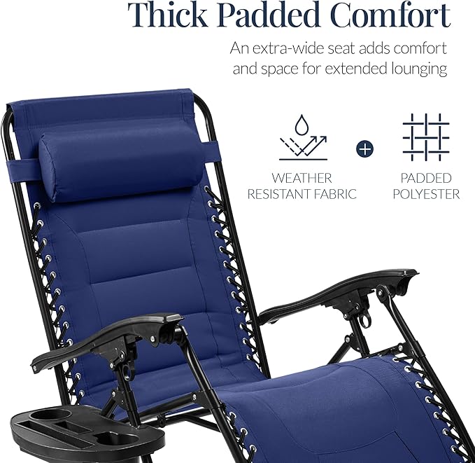 Best Choice Products Oversized Padded Zero Gravity Chair, Folding Outdoor Patio Recliner, XL Anti Gravity Lounger for Backyard w/Headrest, Cup Holder, Side Tray, Polyester Mesh - Cobalt Blue - Image 4