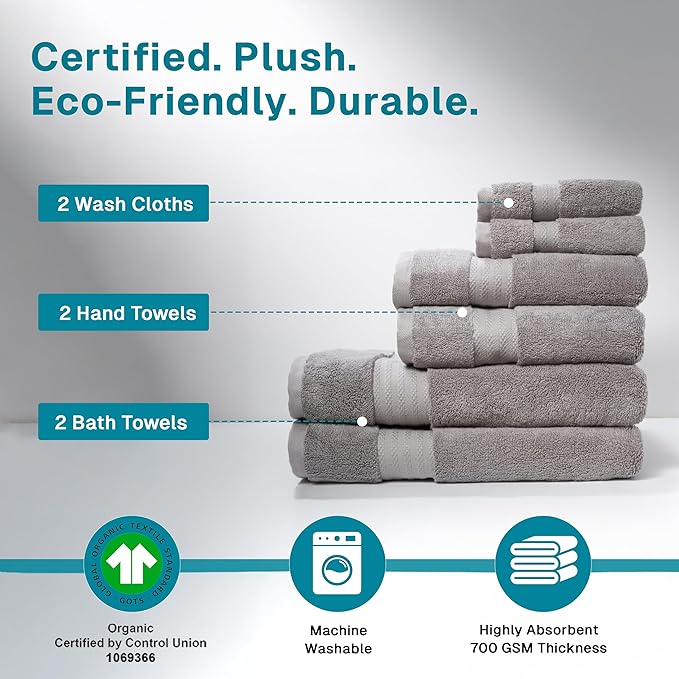 Fabdreams 100% Organic Cotton Bath Towel Set of 6 700 GSM Hotel Premium Plush - Image 3