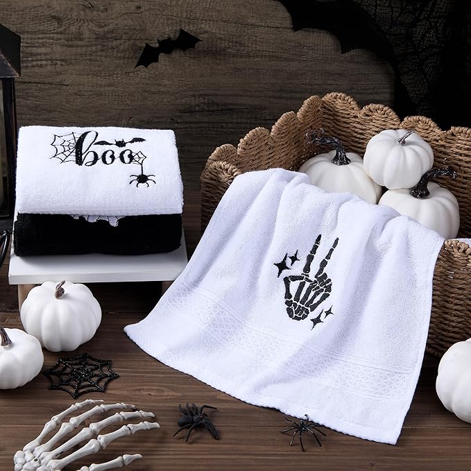 3 Pcs Halloween Hand Towels for Bathroom, Boo Ghost Black White Embroidered - Image 2
