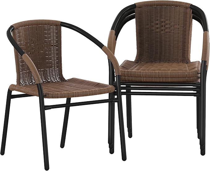 Flash Furniture Lila Modern Rattan Indoor/Outdoor Stackable Dining Chairs, Stacking Rattan Bistro Chairs for Patio or Restaurant, Set of 4, Brown by FlashFurniture